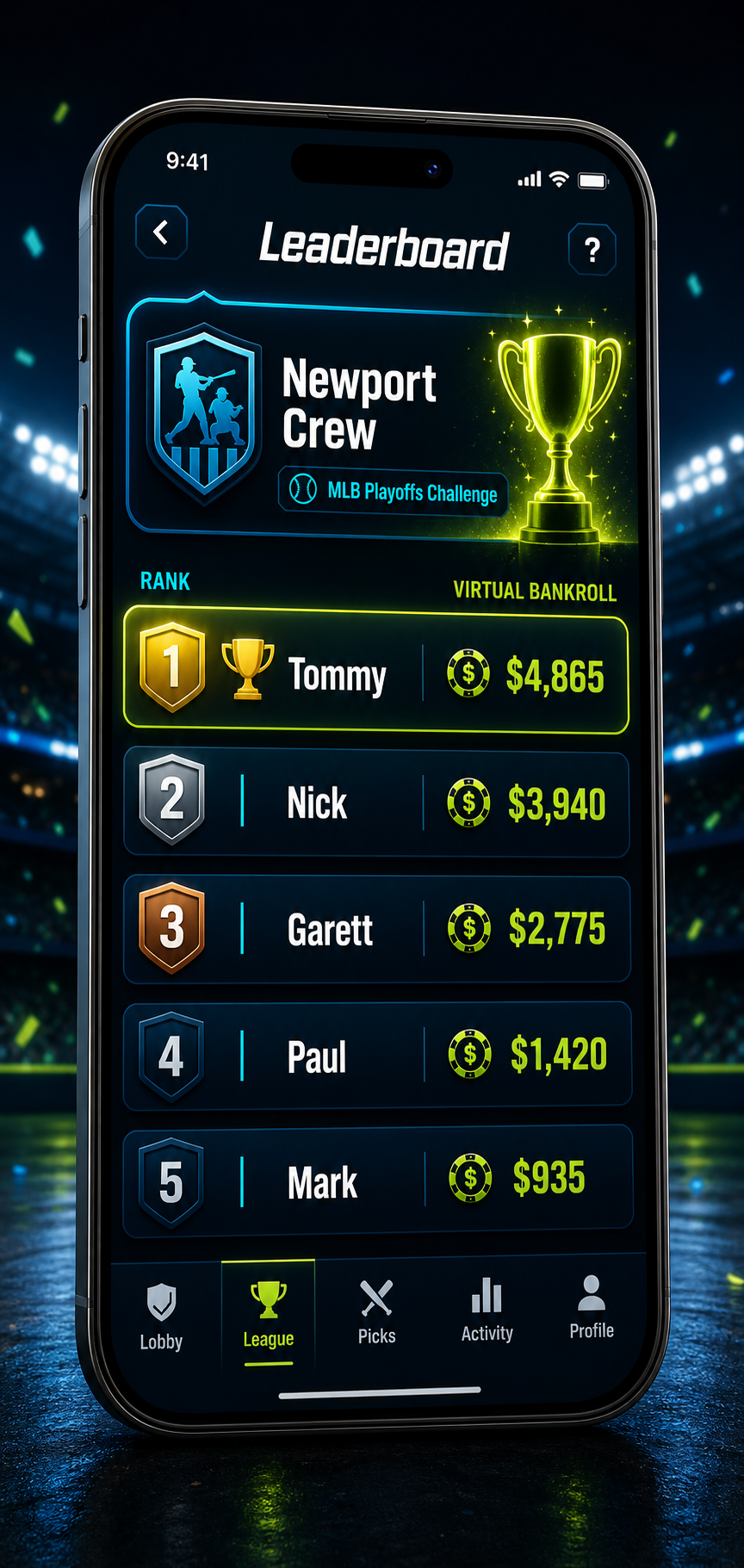 Side Action app experience preview showing Newport Crew leaderboard for the MLB Playoffs Challenge