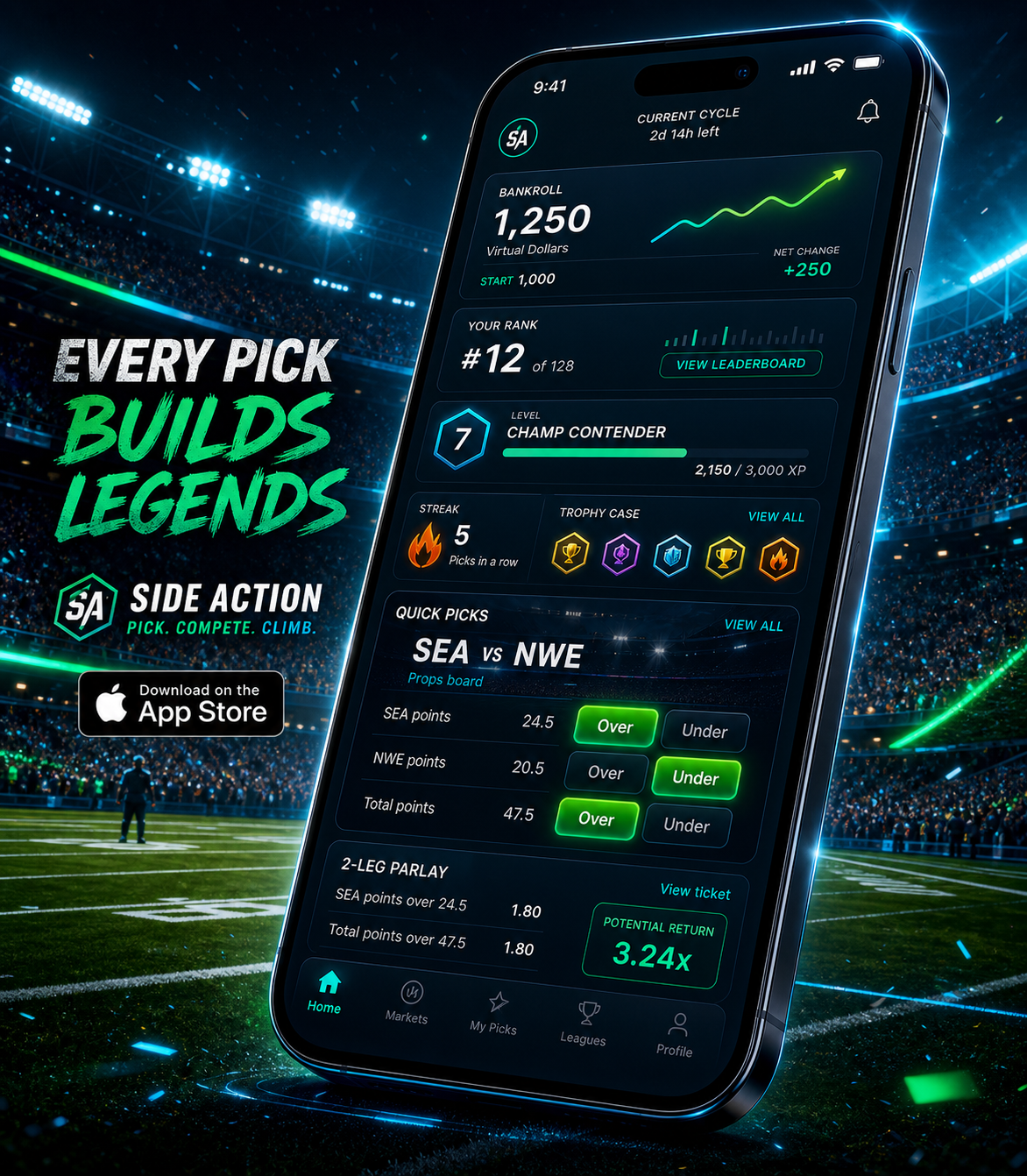 Side Action mobile app preview showing bankroll, leaderboard rank, level progress, and a SEA vs NWE props board
